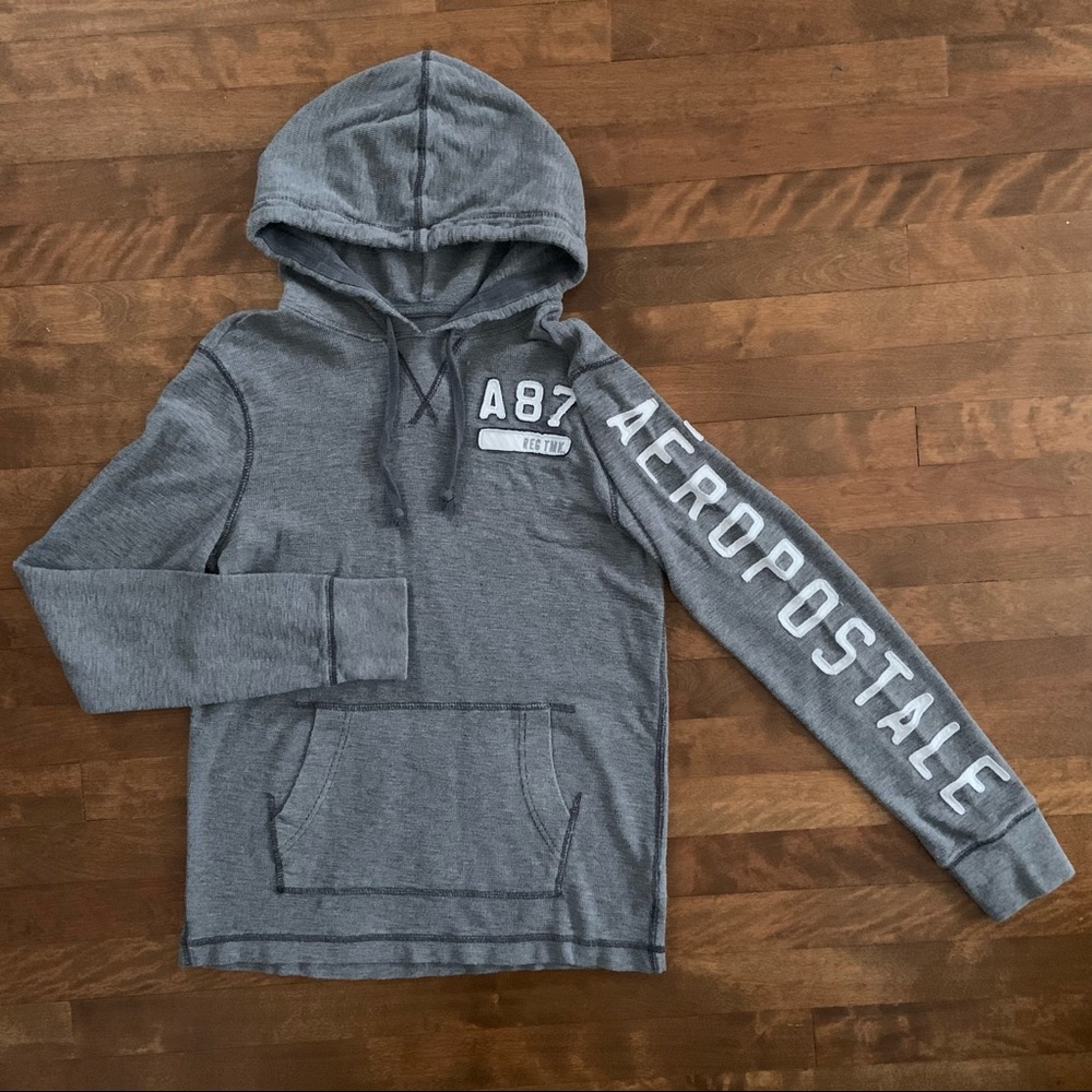 AERO Logo Graphic Embroidered Pullover Ribbed Hoodie | Men’s Size S